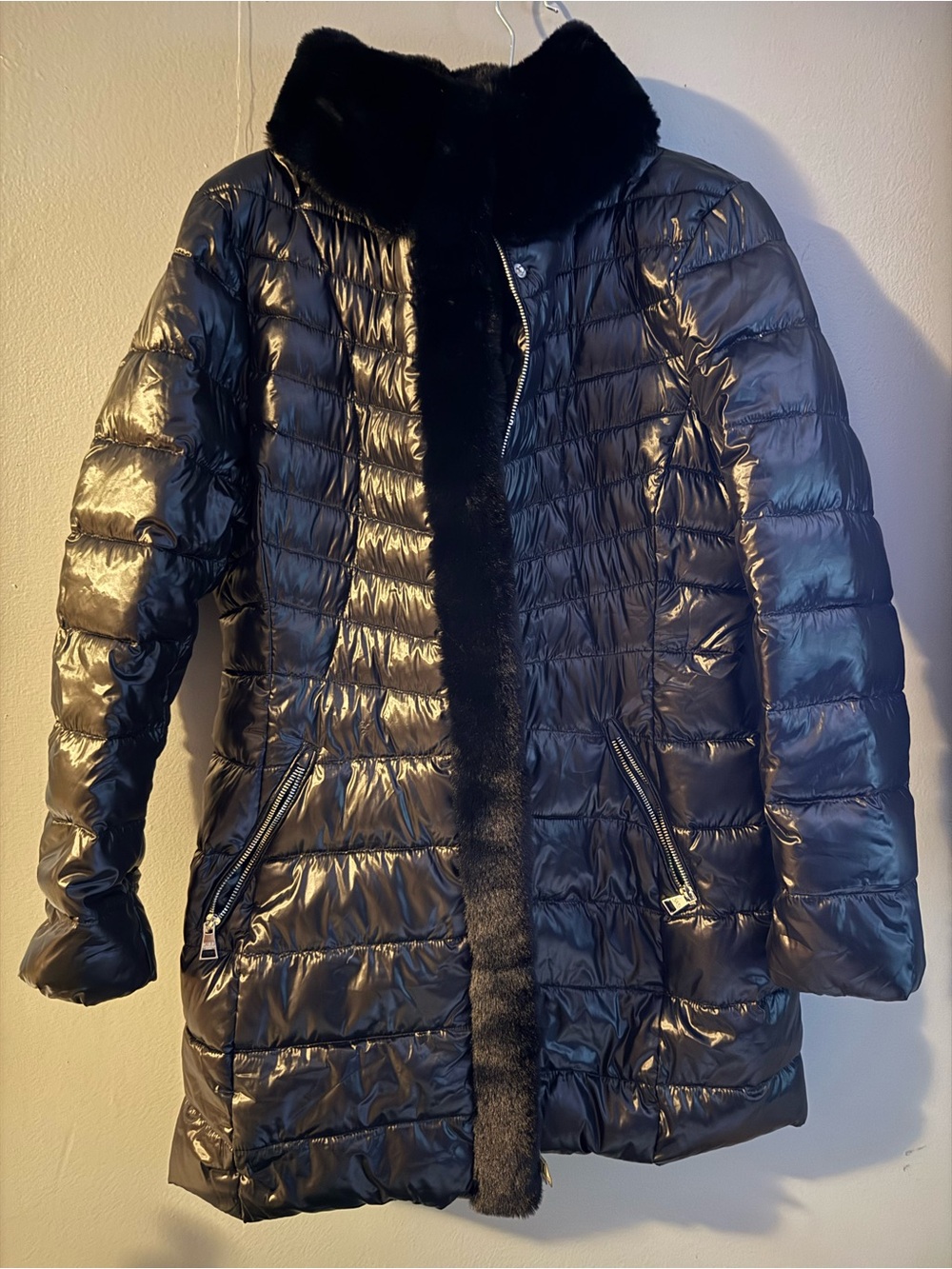 Karl Lagerfeld Black Quilted Puffer Coat with Faux Fur Trim